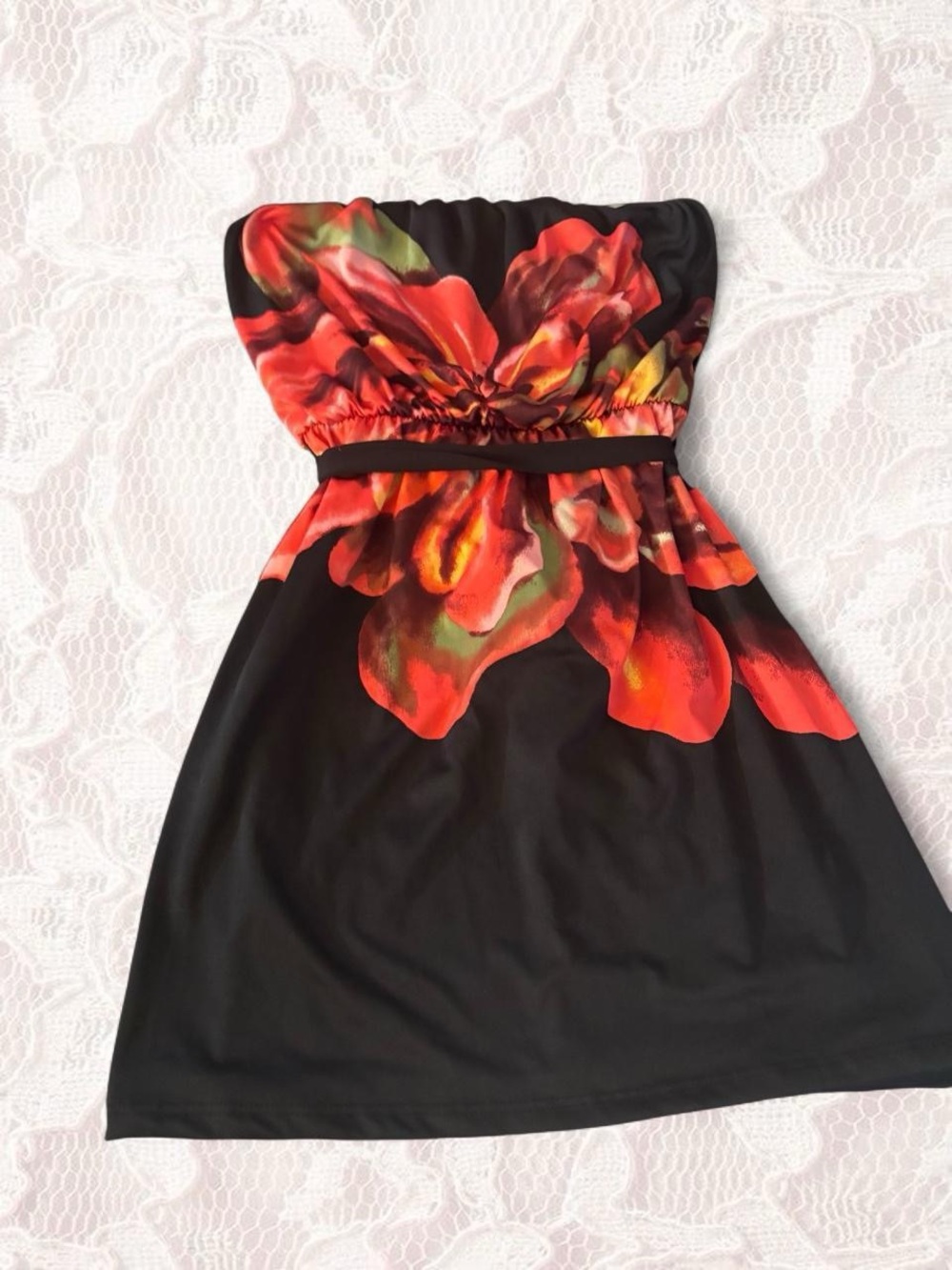 Charlotte Russe Black Strapless Tank with Red Floral Print